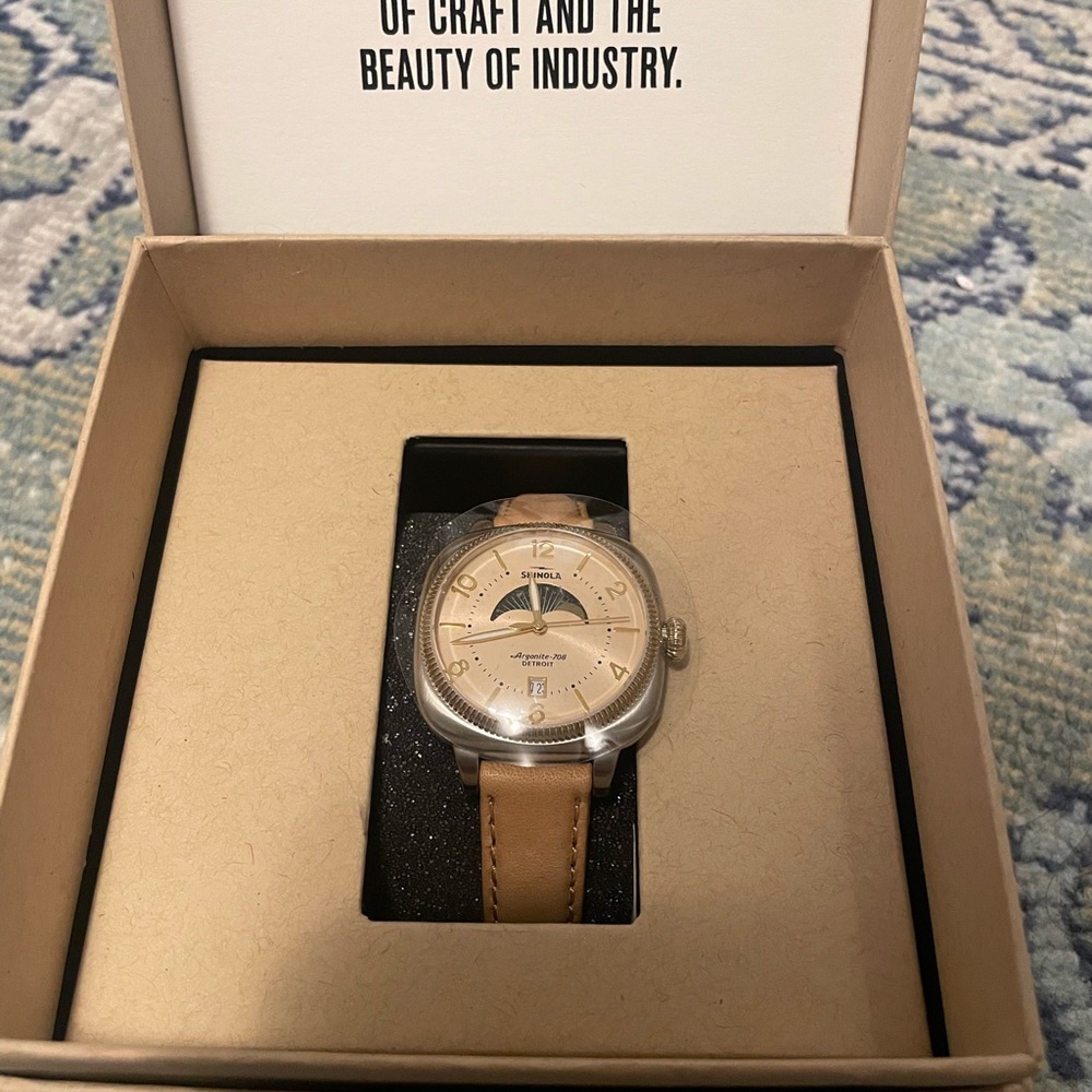 Shinola Silver and Tan Leather Watch